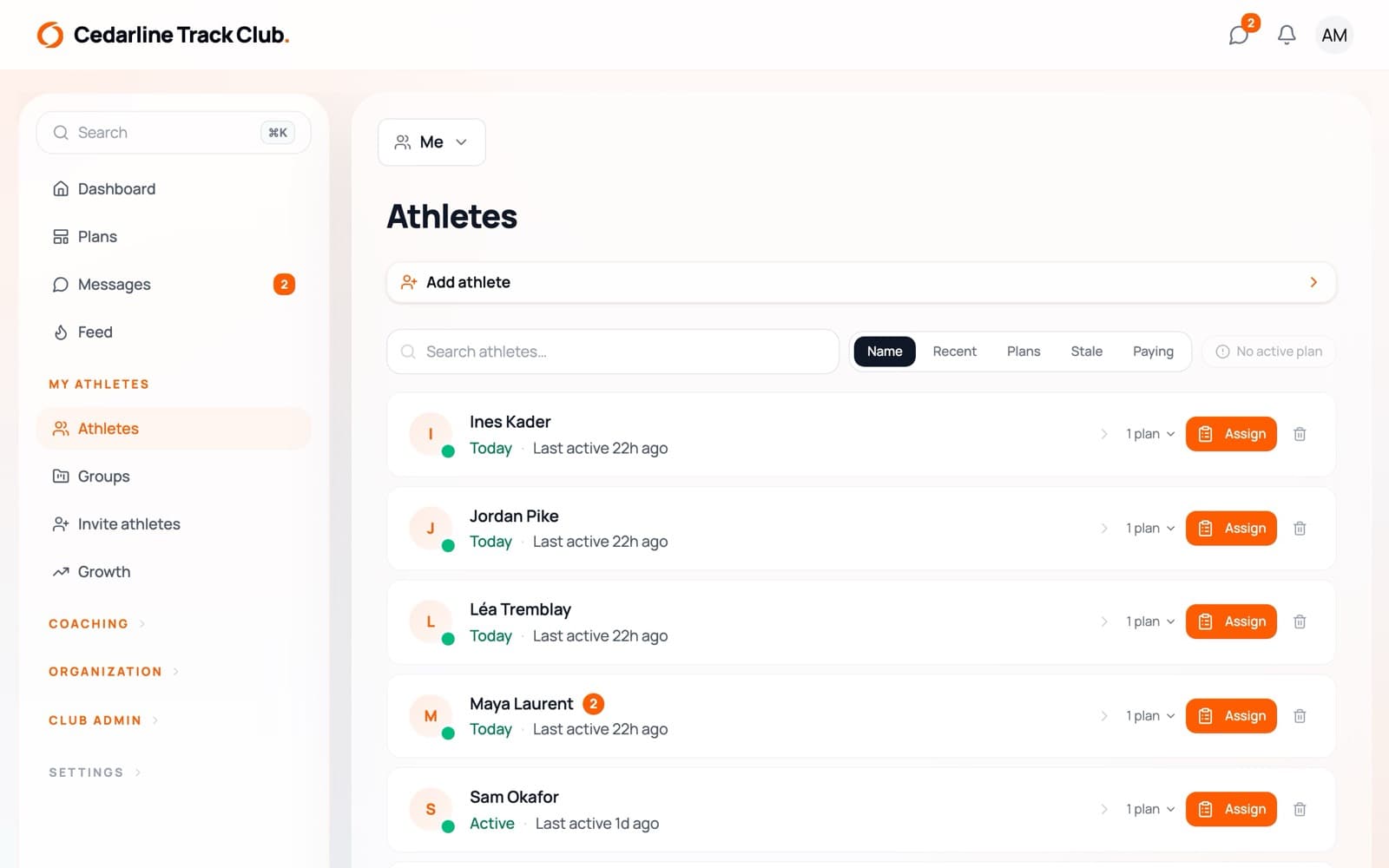 The coach’s list of athletes on a computer, each with a plan to assign